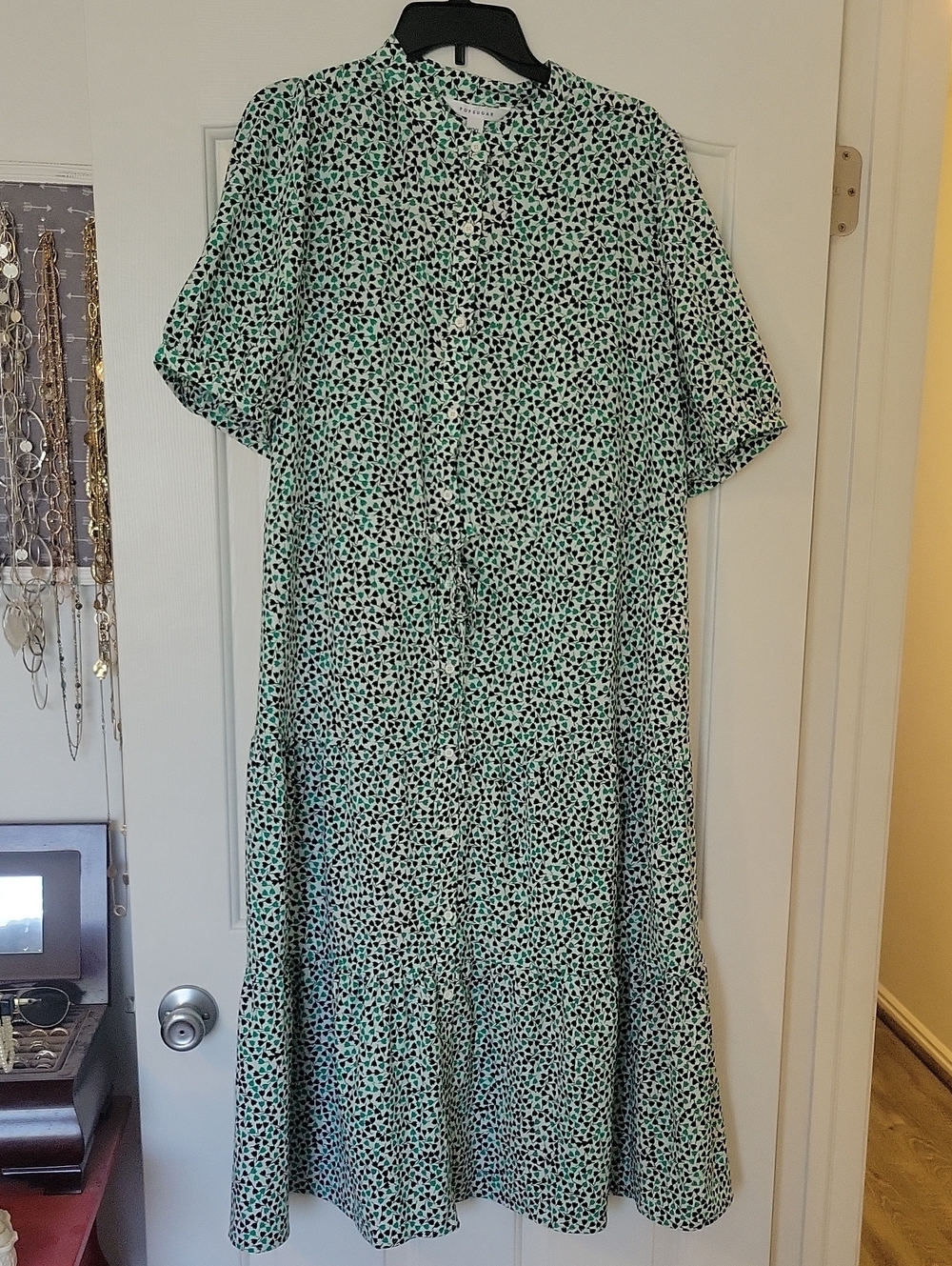 POPSUGAR Button-Front Midi Dress with Green And Black Dot Tulip Flower Print